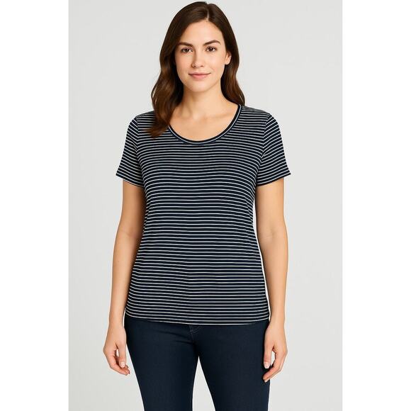 Womens Relaxed Fit Navy and White Scoop Neck Stripe Tee – Size Large | NWT - Picture 1 of 8